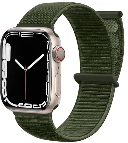 Maledan Cinturino Nylon Compatibile con Apple Watch 42mm 44mm 45mm 49mm 40mm 41mm, Regolabile per iWatch Series 9 8 7 6 5 4 3 SE, Verde Militare