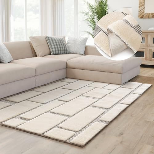 Interiyou Teppich Wohnzimmer Verona - 250x350 cm Creme/Grau - Für Schlafzimmer, Esszimmer, Kinderzimmer - Hochflor mit 3D-Effekt - geometrische Muster - Pflegeleicht