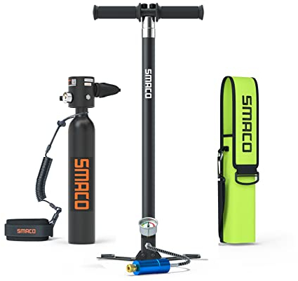 SMACO Mini Scuba Tank with Pump 0.5L Portable Diving Tank Support 6 Minutes of Underwater Breath, Small Scuba Tank Pony Bottle for Free Diving within 33ft or Used as Backup Air within 100ft, Black