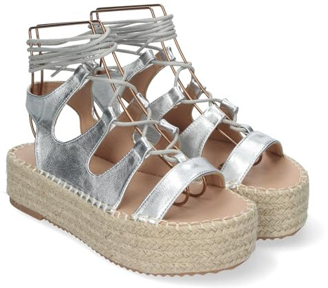 shoes&blues.es 85043 Sandalia de Mujer con Plataforma de Yute, Comodas y Elegantes, Tiras Cruzadas con Cordones, Pala y Talon Abierto, Ideales para Primavera-Verano. Plata Talla 38