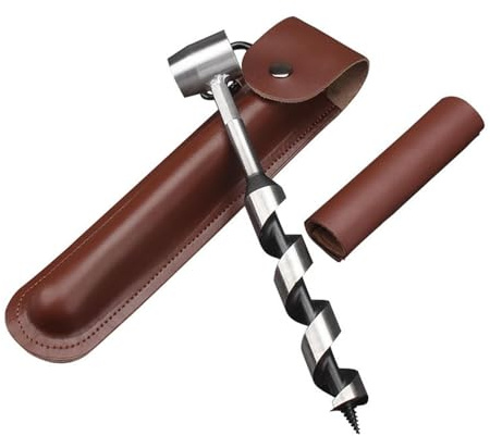 Handbohrer Bushcraft Manueller Schraubenschlüssel, Manueller Überlebensbohrer mit Lederhülle, Handbohrer Schlangenbohrer Handschneckenschlüssel, Überlebenswerkzeuge für Outdoor Camping Wandern