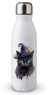 MAXIKIWI - Single Wall Water Drinking Bottle with Screw Cap, Non Insulated Lightweight Aluminium, BPA Free, Leak-Proof - Watercolor Black Cat Witch - 500ml