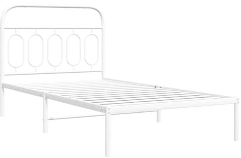 vidaXL Bettgestell, Bett mit Kopfteil, Bettrahmen mit Lattenrost Mittelfüßen, Metallbett Einzelbett für Schlafzimmer, Metall Weiß 100x200cm