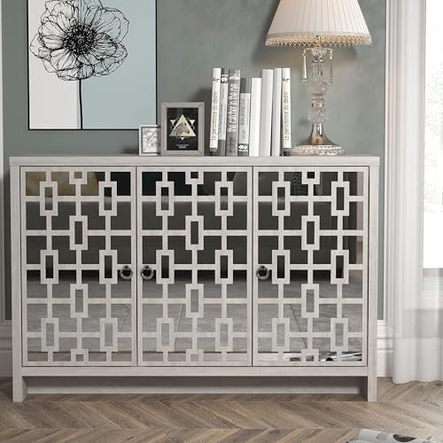 Galano Mollison 3 Door Sideboard – Modern Laser Cut Design with Acrylic Mirror – Storage Cabinet for Living Room, Bedroom, or Kitchen – Dusty Grey Oak