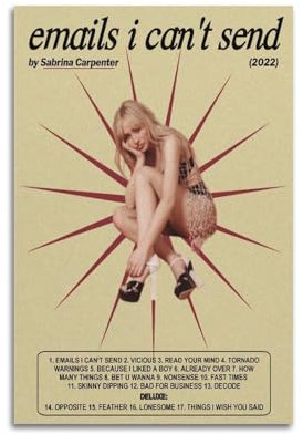NUSLNG Sabrina Carpenter Album Emails I Can't Send Poster, Vintage-Kunst-Cover, Raumdekoration, ästhetische Schlafzimmerdekoration, Leinwandposter für Schlafzimmer, 60 x 90 cm, ungerahmter Stil