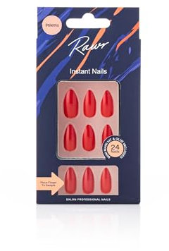 RAWR Long Stiletto Press-On Nails - Sharp Pointed Acrylic Fake Nails Full Cover Set - 24 Durable False Nails for Women and Girls - Fashionable Press-On Nail Kit - Red