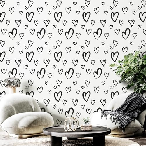 Black White Wallpaper Peel and Stick Modern Heart Contact Paper Love DIY Removable Self Adhesive Vinyl Paper17.3 x480 for Home Decoration, Cabinet,Kids Bedroom Teens Nursery Living Room Door Desk