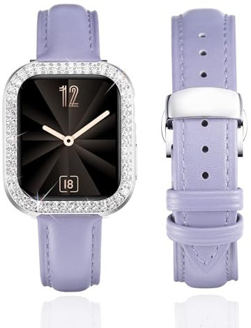 BINLUN Leather Strap Compatible with Apple Watch 45mm 44mm 41mm 40mm Women Leather Band with Glitter Diamond Rhinestone Case Compatible with iWatch Series 9/8/7/SE2/SE/6/5/4(41mm, Light Purple)