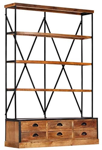Homgoday Bücherregal mit 4 Regalböden, 6 Schubladen, 122 x 36 x 181 cm, Mango-Massivholz, Bücherregal, Vitrine, vertikales Bücherregal, platzsparend, Bücherregal für Wohnzimmer, Arbeitszimmer