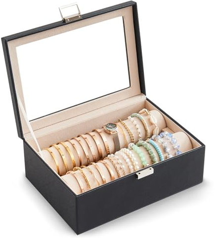 Lolalet Armband-Organizer, Bracelet Display Schmuck Box Aufbewahrungsbox mit Rollen für Armreifen Uhren, Klare Deckel Halter für Frauen Mädchen- Schwarz