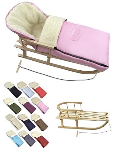 BambiniWelt Holzschlitten mit Rückenlehne & Zugseil + Winterfußsack 108 cm – warmes Thermofleece, wasserabweisend – Kombi-Set für Kinderwagen & Buggy, Farbe: rosa