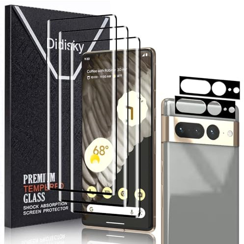 Didisky 3 Pack Screen Protector for Google Pixel 7 Pro with 2 Pack Lens Protector, 3D Curved Full Coverage,HD Tempered Glass Screen Protector, 9H, Anti-Scratch, Easy to Use