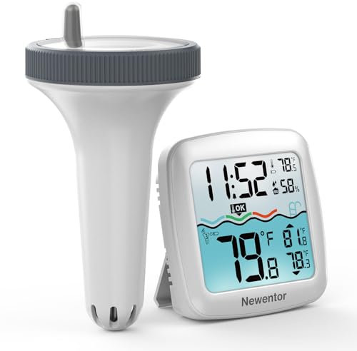 Newentor Thermomètre de piscine sans fil - Étanche à 4 voies - Antenne turbo traverse les murs pour une portée de 100 m - Thermomètre d'eau flottant - Puce d'économie d'énergie pour une longue durée