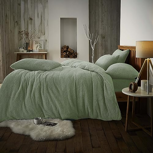 Teddy Fleece Sage Green King Duvet Cover Set with Pillow Cases, 100% Polyester Thermal Warm & Cozy Plain Super Soft Bedding Set