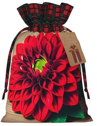 Holzbrett, Retro-Blume, roter Dahlien-Druck, Weihnachts-Kordelzug, Geschenktüten, wiederverwendbare Weihnachtstüten, Geburtstag, zum Verpacken