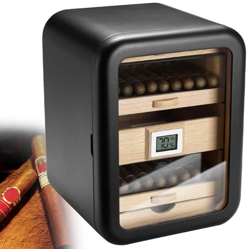 Tsampa Zigarren Humidor Schrankhumidore, thermoelektrischer Humidor Schrank mit Glastür, Humidor Befeuchter mit Einschüben aus Zedernholz, Hygrometer(Black,WithoutSkylight)
