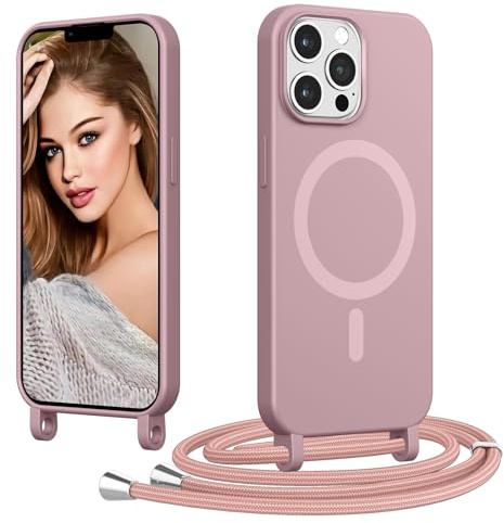 Coiwxmoi Handyband Handyhülle für iPhone 11 Pro Hülle mit Band, [Kompatibel mit MagSafe] Magnetisch Necklace Silikon Case mit Verstellbar Abnehmbar Kordel zum Umhängen Stoßfest Schutzhülle, Rosa