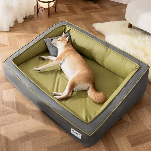 PETCUTE Orthopädisches Hundebett Grosse Hunde,Wasserdicht Hundekissen Hundekorb mit Abnehmbarem und Waschbar Bezug,Hundekörbchen Hundebetten mit Rutschfester Unterseite,Erhöhten Ränder,Grün,XL