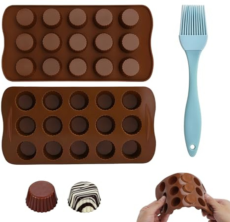 LOLANIUT Lot de 2 moules silicone chocolat, 15 cavités, moule tablette chocolat alimentaire, antiadhésif et facile à démouler pour chocolats maison, bonbons et petits desserts, avec pinceau silicone