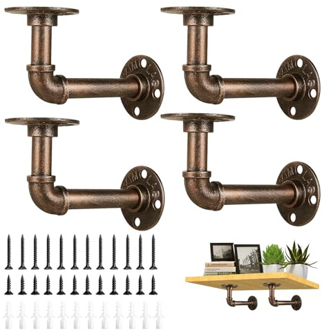 4PCS Pipe Shelf Brackets, 17×9.5cm Pipe Bracket Vintage Red Bronze Industrial Shelf Brackets Heavy Duty Plumbing Shelving Bracket for Bookshelf Scaffolding Board