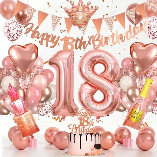Deko 18.Geburtstag Frau, 18.Geburtstag Deko Frauen, Geburtstagsdeko 18 | 18.Ter Dekoration, Luftballons, 18 Geburtstag Party Deko RoséGold mit Happy Birthday Banner, Krone und Herz Folienballons
