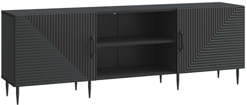 Owoxanthellate Mueble para TV negro 150 x 31 x 50 cm, mueble bajo de madera con patas metálicas, mesa de televisión retro para el salón, mueble multimedia con puertas batientes y estante