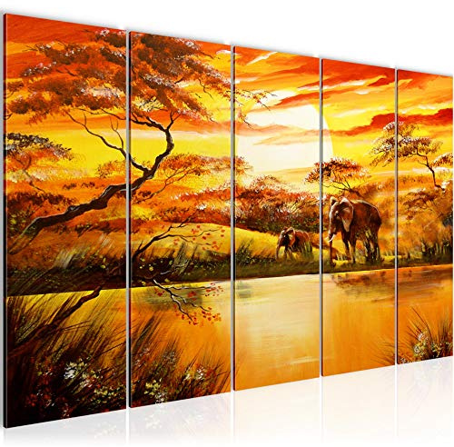 Runa Art Bild Afrika Elefant Wandbilder auf Vlies Leinwand 5 Teilig Wanddekoration Wohnzimmer Schlafzimmer 000456a