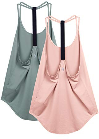 icyzone Camisetas sin Mangas de Entrenamiento para Mujer, Camisetas de Yoga de Gimnasio, Camiseta de Tirantes Deportiva con Espalda en T, Paquete de 2 (M, Oscuridad Azul/Rubor Pálido)