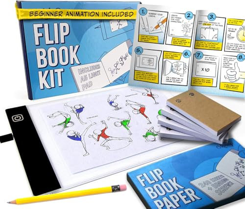 Molcey Flip Book Kit with LED Light Pad. Includes Flipbook Kit Starter Animation, 240 Sheets Blank Animation Paper and Instructions for Making Flip Books, LED Light Pad. for Kids 9-12 6-8