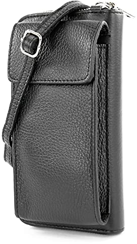 modamoda de P06 Damen Leder Umhängetasche Geldbörse Handytasche 6,5 Zoll handmade in Italy, Farbe:Schwarz