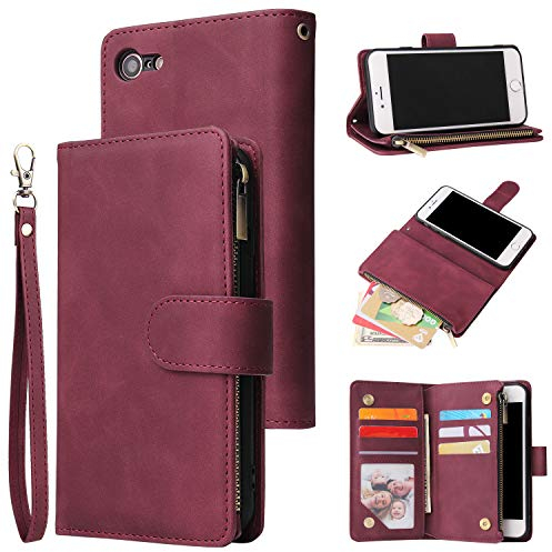 UEEBAI Coque pour iPhone 7/iPhone 8/iPhone SE 2020, Etui en Cuir PU Portefeuille Rétro Antichoc Flip Case Housse avec Fentes de Cartes Fonction Support, Fermeture Magnétique - Vin Rouge