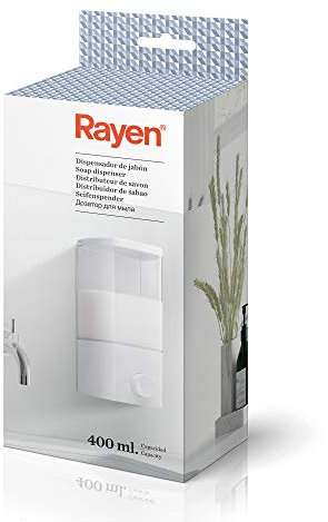 Rayen | Dispensador de Jabón Transparente, Fácil Limpieza y Relleno, Doble Método de Instalación, 9x8x18,8cm, Blanco