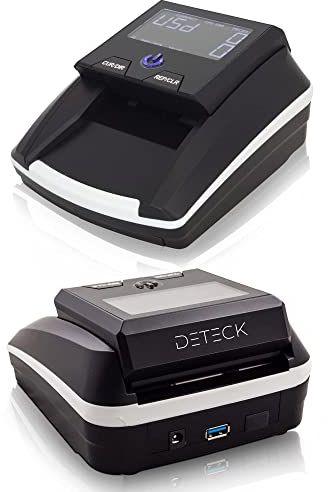 DETECK Detector portátil de billetes falsificados, 4 direcciones automáticas de USD y euros, detector de dinero falsificado DT-10C UV/IR/MG para pequeñas empresas (batería recargable incluida)