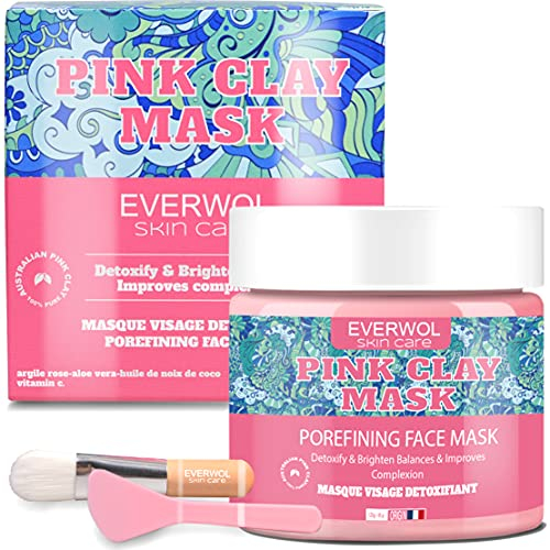 EVERWOL - Maschera per il viso all'argilla rosa australiana/Anti acne e punti neri - Pulizia - Disintossica - Scrub per il viso/crema idratante Antirughe, sbiancamento - Pulente/Collagene/ 120 ml