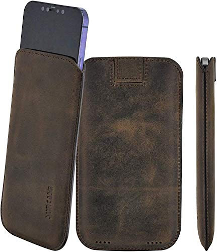 Suncase Original Leder Etui kompatibel mit iPhone 13 (6.1) Hülle Tasche Ultra Slim Ledertasche Schutzhülle Case (mit Rückzuglasche) in antik braun