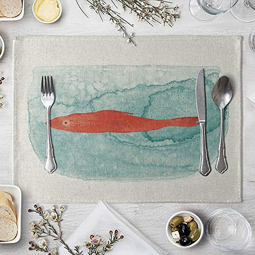 Lieson Tischsets 4er Set, Tischsets Abwaschbar, Platzset Leinen Baumwolle Fische Im Aquarium Grün Rot 40x30CM