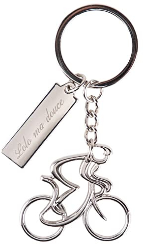 Porte Clef gravé Texte avec Cycliste – Porte-clés argenté en métal avec Cycliste et Texte à Graver sur Plaque – Accessoire clé Personnalisable vélo