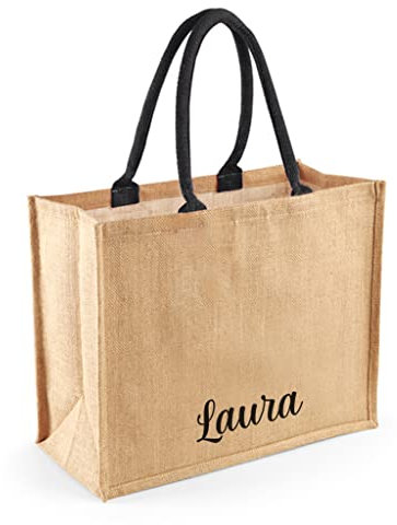 Caribu design Borsa in Juta Personalizzata con Nome Iniziali Testo e Fiocco opzionale - Tote Bag Personalizzata Shopper Grande per Donna Ragazza 42x33x19 cm Estiva per Spiaggia Mare Shopping