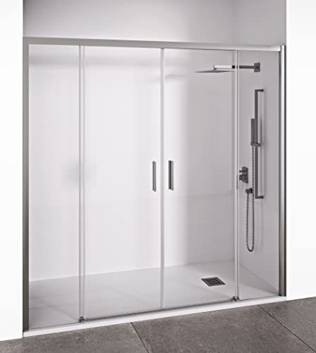 Mampara de ducha frontal 2 hojas correderas + 2 fijos sin perfilería inferior - Transparente - Cristal templado 6 mm Antical - Perfilería Plata Brillo - Ancho adaptable 185-190 cm - Alto 195 cm - EIRE