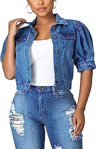 QLXYYFC Casual kortärmad cropped jeansjacka dam puffärmad jeansjacka Button Down Crop jeansjacka