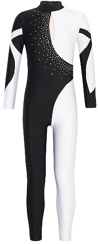 iEFiEL Mädchen Langarm Turnanzug Zweifarbig Ganzkörperanzug Sportlich Body Kinder Glitzer Gymnastikanzug Tanzkostüm Tanzanzug Wb Weiß 146-152