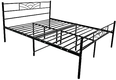 Panana Double Bed Frames with Headboard 4ft6 Black Metal Double Bed Frame with Storage Heavy Duty with Steel Slats No Box Spring Needed(Black,4FT6)