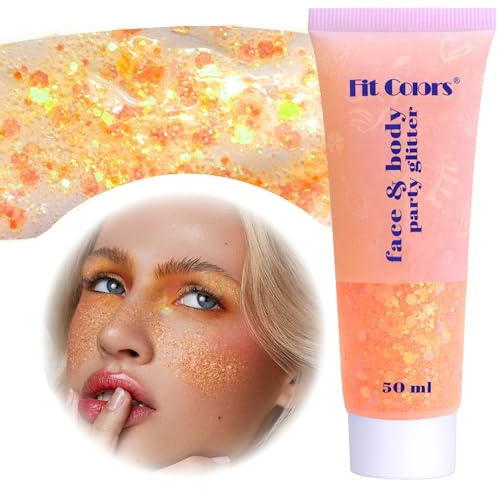 Body Glitter Gel, Festival Glitzer Gesicht, 50ml Liquid Gel, Körperglitzer Zubehör für Make Up, Cosmetic Party, DIY, Nägel, Lippen (Orange)
