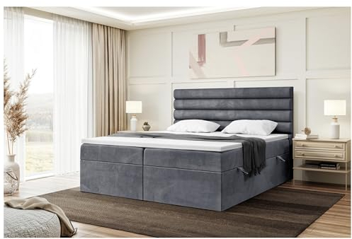 MEBLINI Boxspringbett mit Bettkasten - Gepolstert Doppelbett mit Matratze und Topper - Polsterbett mit Stauraum - Bett mit Kopfteil - Stauraumbett - Karim - 140x200 - H3/Dunkelgrau Samt