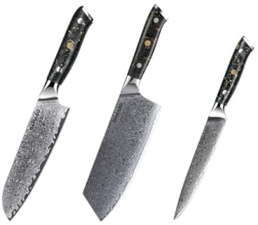 Damaso 3er-Damastmesser Set, Black Aurora Messerset Damast, Japanische Messer Set, Küchenmesser Set aus 67 Lagen Damaststahl