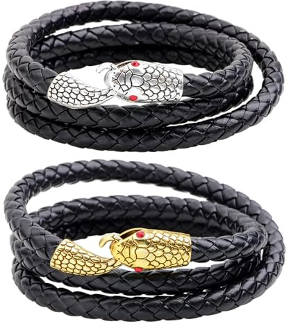 Flongo Schlange Leder Armband Schwarz: Herren Schlangen Lederarmband geflochten wikinger mehrschichtig Snake Bracelet breit vintage armreif gold silber Anhänger für Damen Männer Jungs