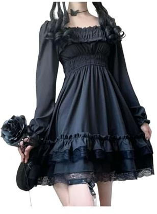 FRESQA Japanisches Lolita-Stil-Damen-Prinzessin-Schwarz-Minikleid mit Slash-Ausschnitt, hoher Taille, Gothic-Kleid, Puffärmel, Spitze, Rüschen, Partykleider