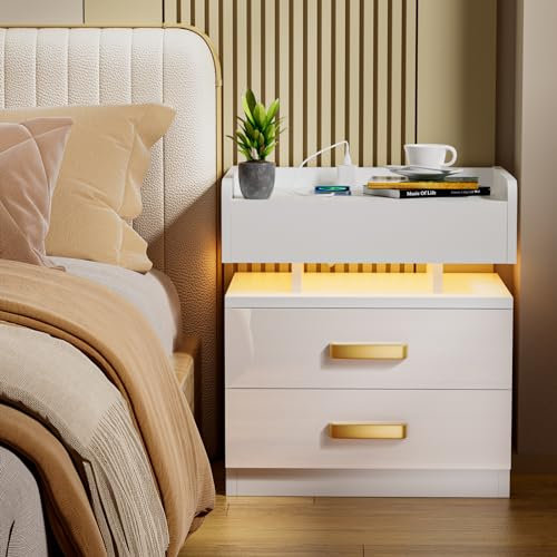 PIPIPOXER Table de Chevet,Table d'appoint Noire avec Prise et branchements, Tables de Chevet en Bois avec 2 tiroirs, Armoire d'appoint pour Salon, lit de Chambre 40x35x65cm,Blanc