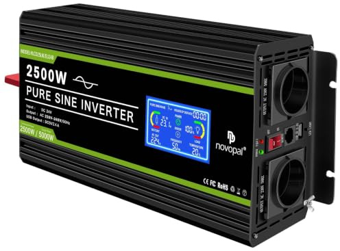 NOVOPAL 2500W Wechselrichter 24V auf 230V Spannungswandler Reiner Sinus | 5m Fernbedienung, 1 USB & Spitze 5000W, Intelligenter LCD-Anzeige ür Haushaltsgeräten, Wohnwagen, Boot, Camping