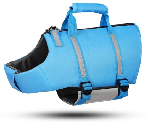 PUZAUKAL Giubbotto Salvagente Cane Ripstop Salvagente per Cani con Manico e Strisce Riflettenti Giubbotto di Salvataggio per Cani regolabile con Buona Galleggiabilità per Nuoto,Spiaggia,Blu-L